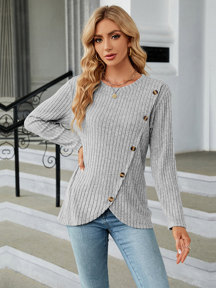 Round Neck Ribbed Button Detail Blouse - Women’s Clothing & Accessories - Shirts & Tops - 10 - 2024