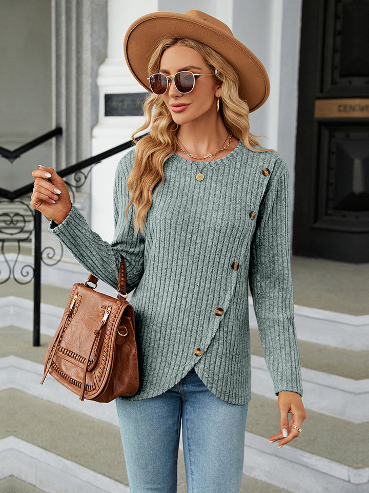Round Neck Ribbed Button Detail Blouse - Green / S - Women’s Clothing & Accessories - Shirts & Tops - 5 - 2024