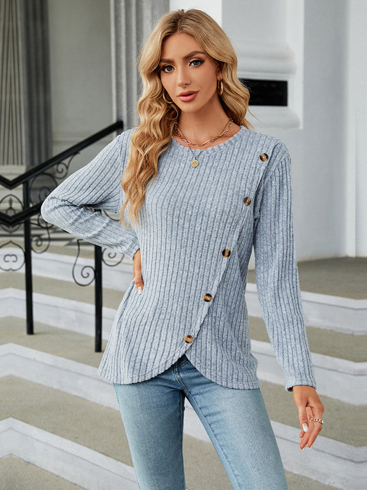 Round Neck Ribbed Button Detail Blouse - Women’s Clothing & Accessories - Shirts & Tops - 3 - 2024
