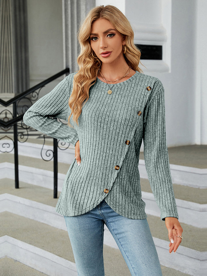 Round Neck Ribbed Button Detail Blouse - Women’s Clothing & Accessories - Shirts & Tops - 6 - 2024