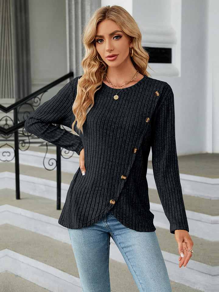 Round Neck Ribbed Button Detail Blouse - Women’s Clothing & Accessories - Shirts & Tops - 6 - 2024