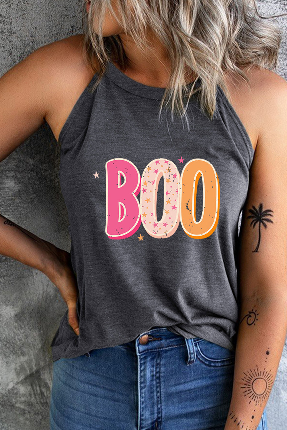 Round Neck Sleeveless BOO Graphic Tank Top - Women’s Clothing & Accessories - Shirts & Tops - 3 - 2024
