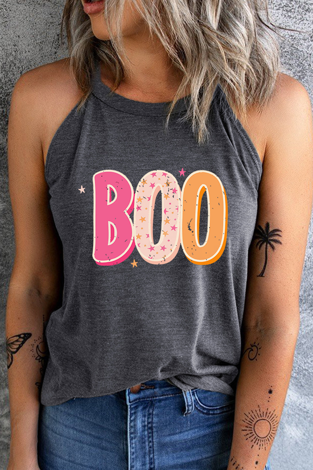 Round Neck Sleeveless BOO Graphic Tank Top - Gray / S - Women’s Clothing & Accessories - Shirts & Tops - 1 - 2024