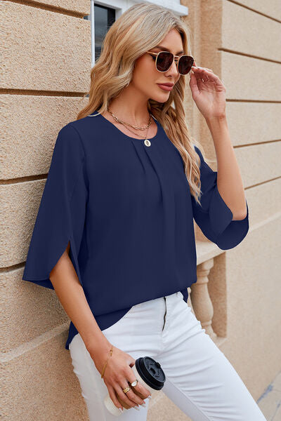 Round Neck Slit Half Sleeve Top - Women’s Clothing & Accessories - Shirts & Tops - 27 - 2024