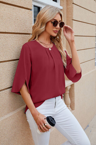 Round Neck Slit Half Sleeve Top - Women’s Clothing & Accessories - Shirts & Tops - 4 - 2024