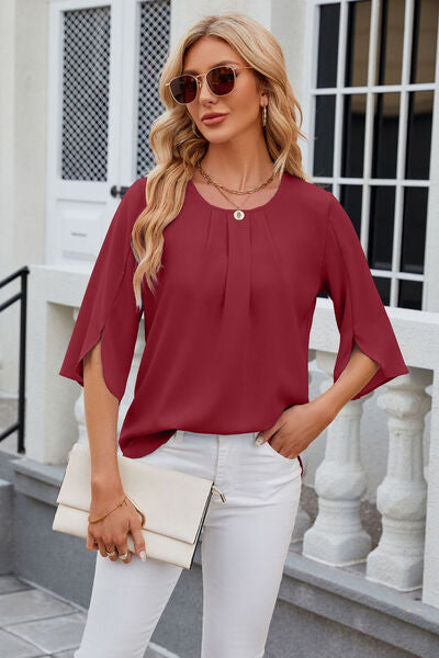 Round Neck Slit Half Sleeve Top - Women’s Clothing & Accessories - Shirts & Tops - 3 - 2024