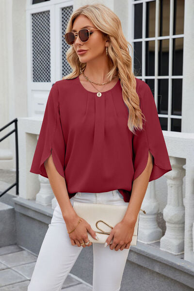 Round Neck Slit Half Sleeve Top - Deep Red / S - Women’s Clothing & Accessories - Shirts & Tops - 1 - 2024