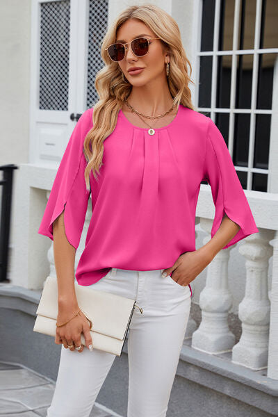 Round Neck Slit Half Sleeve Top - Women’s Clothing & Accessories - Shirts & Tops - 14 - 2024