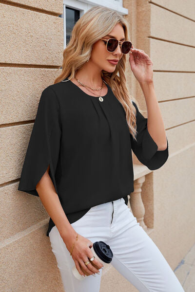 Round Neck Slit Half Sleeve Top - Women’s Clothing & Accessories - Shirts & Tops - 23 - 2024