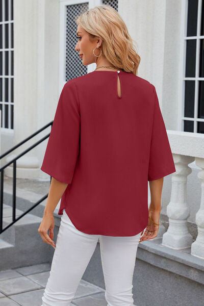 Round Neck Slit Half Sleeve Top - Women’s Clothing & Accessories - Shirts & Tops - 2 - 2024