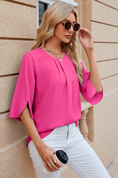 Round Neck Slit Half Sleeve Top - Women’s Clothing & Accessories - Shirts & Tops - 15 - 2024