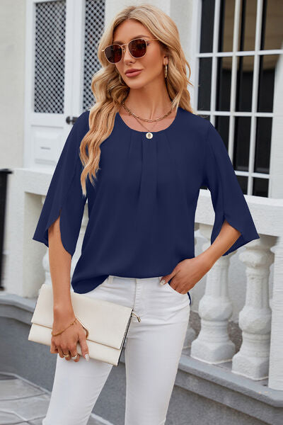Round Neck Slit Half Sleeve Top - Navy / S - Women’s Clothing & Accessories - Shirts & Tops - 25 - 2024