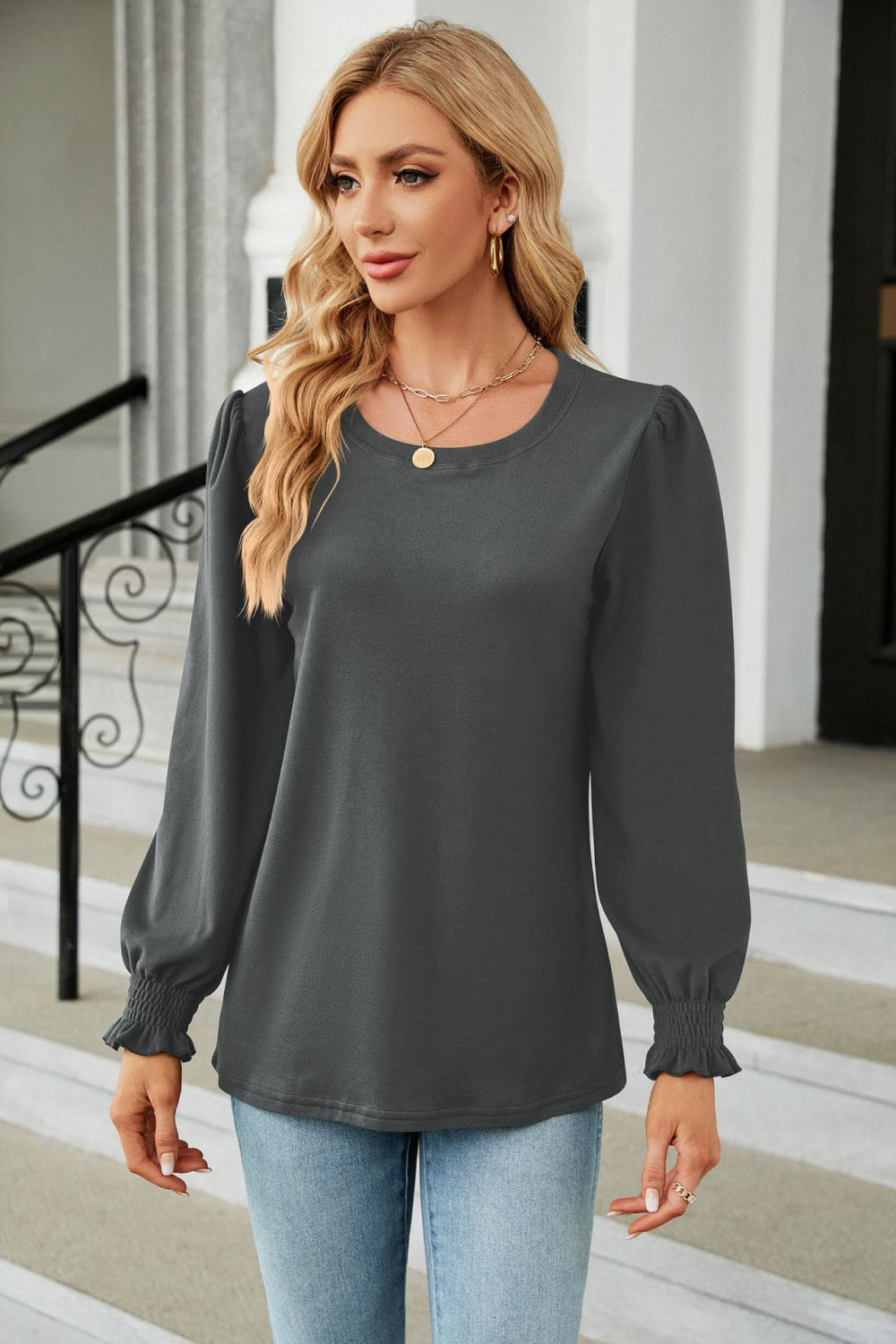 Round Neck Smocked Flounce Sleeve Blouse - Women’s Clothing & Accessories - Shirts & Tops - 8 - 2024