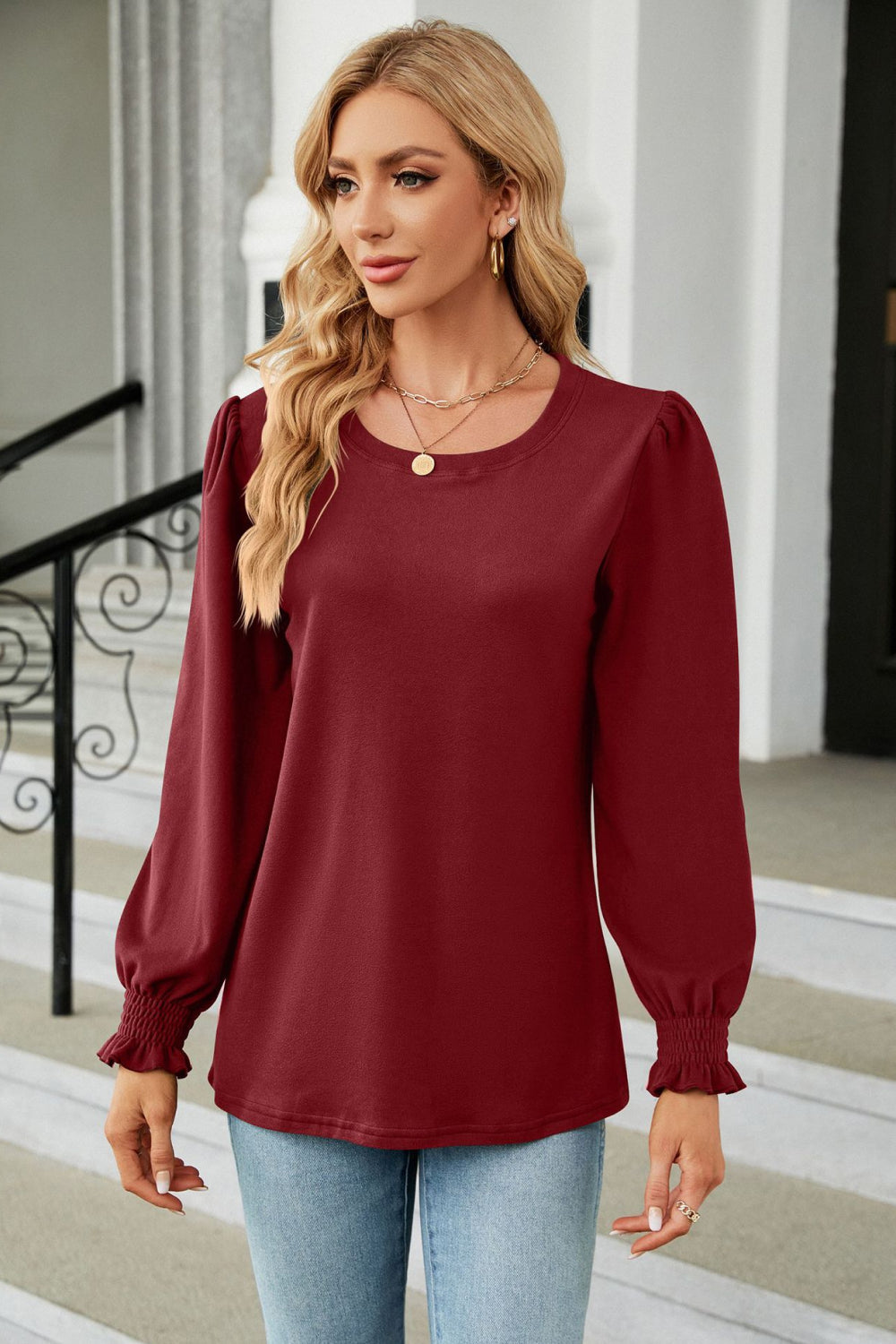 Round Neck Smocked Flounce Sleeve Blouse - Women’s Clothing & Accessories - Shirts & Tops - 11 - 2024