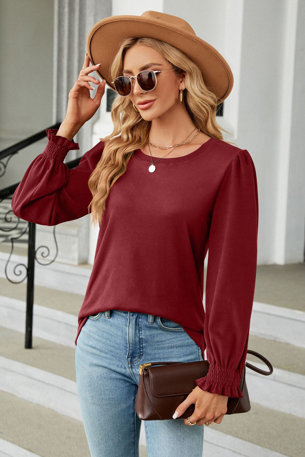 Round Neck Smocked Flounce Sleeve Blouse - Red / S - Women’s Clothing & Accessories - Shirts & Tops - 10 - 2024