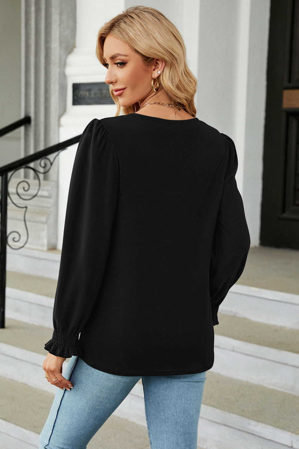 Round Neck Smocked Flounce Sleeve Blouse - Women’s Clothing & Accessories - Shirts & Tops - 6 - 2024