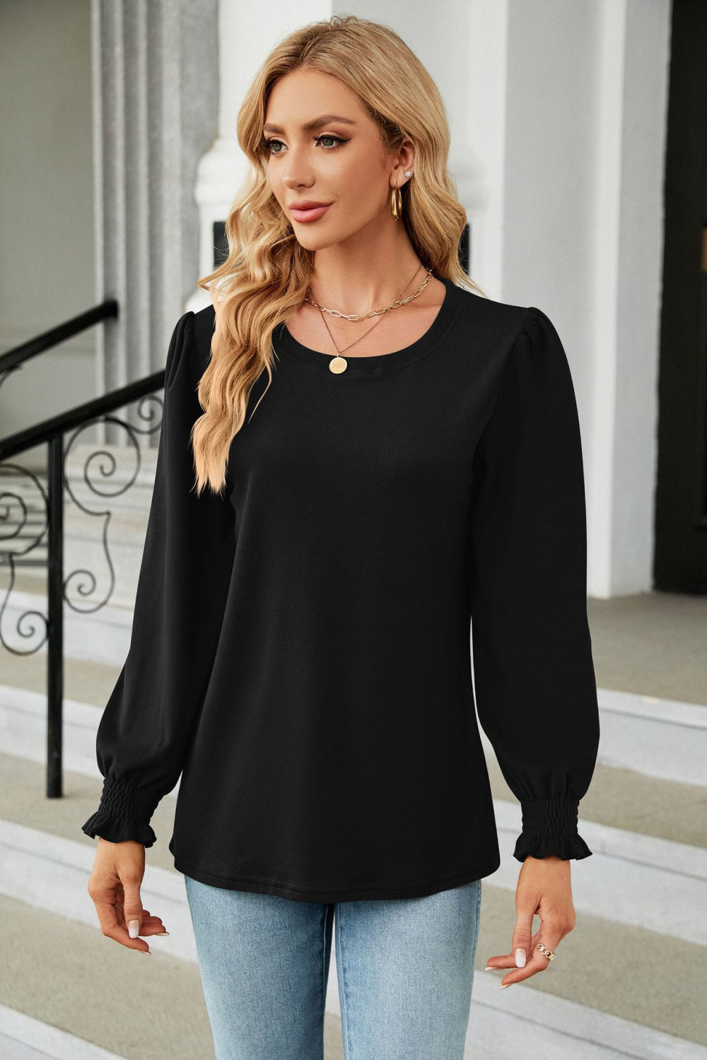 Round Neck Smocked Flounce Sleeve Blouse - Women’s Clothing & Accessories - Shirts & Tops - 5 - 2024