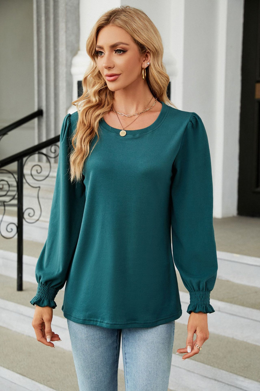 Round Neck Smocked Flounce Sleeve Blouse - Women’s Clothing & Accessories - Shirts & Tops - 3 - 2024