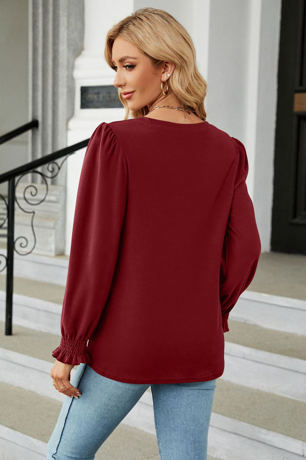 Round Neck Smocked Flounce Sleeve Blouse - Women’s Clothing & Accessories - Shirts & Tops - 12 - 2024