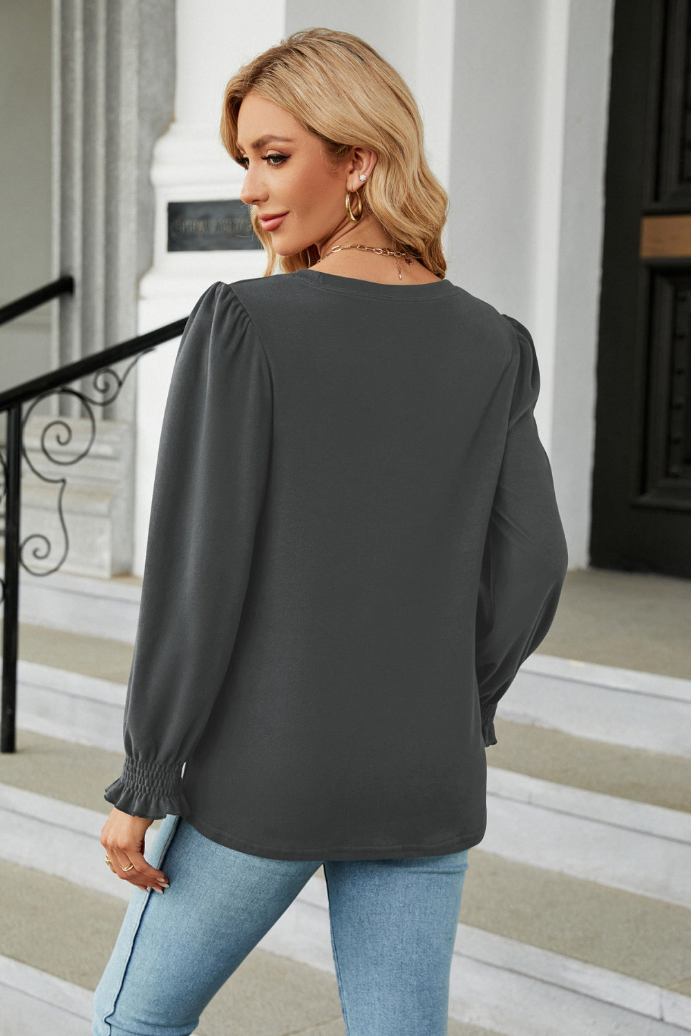 Round Neck Smocked Flounce Sleeve Blouse - Women’s Clothing & Accessories - Shirts & Tops - 9 - 2024