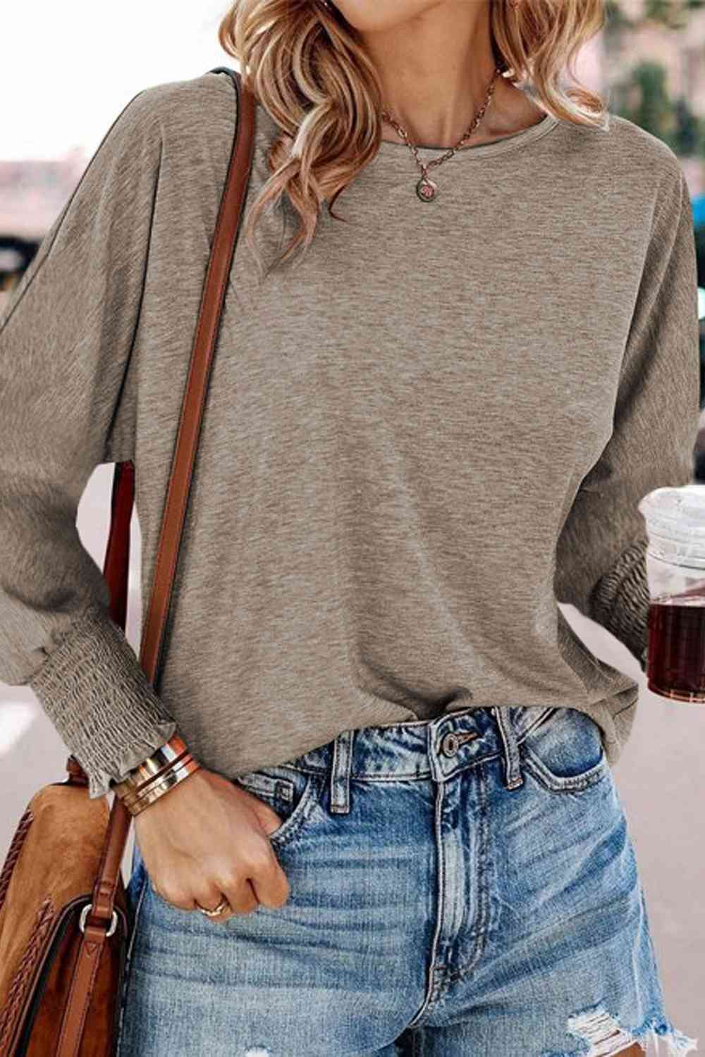 Round Neck Smocked Long Sleeve Blouse - Light Brown / S - Women’s Clothing & Accessories - Shirts & Tops - 22 - 2024