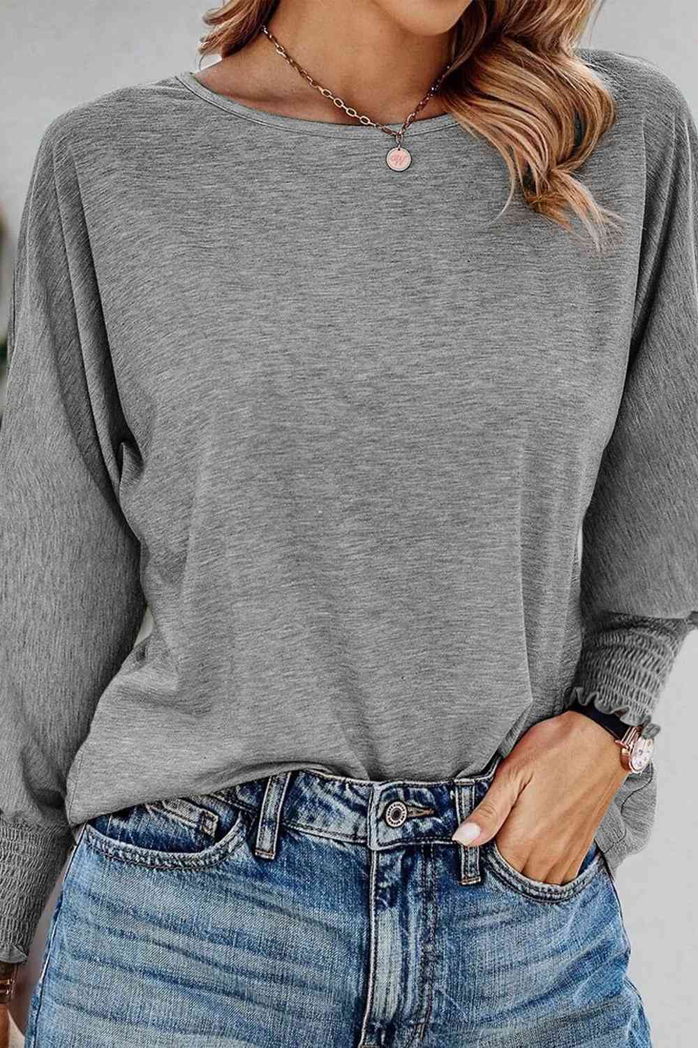 Round Neck Smocked Long Sleeve Blouse - Gray / S - Women’s Clothing & Accessories - Shirts & Tops - 19 - 2024