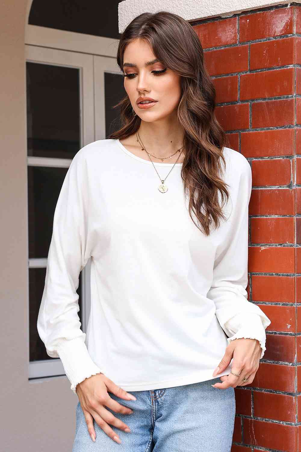 Round Neck Smocked Long Sleeve Blouse - Women’s Clothing & Accessories - Shirts & Tops - 5 - 2024