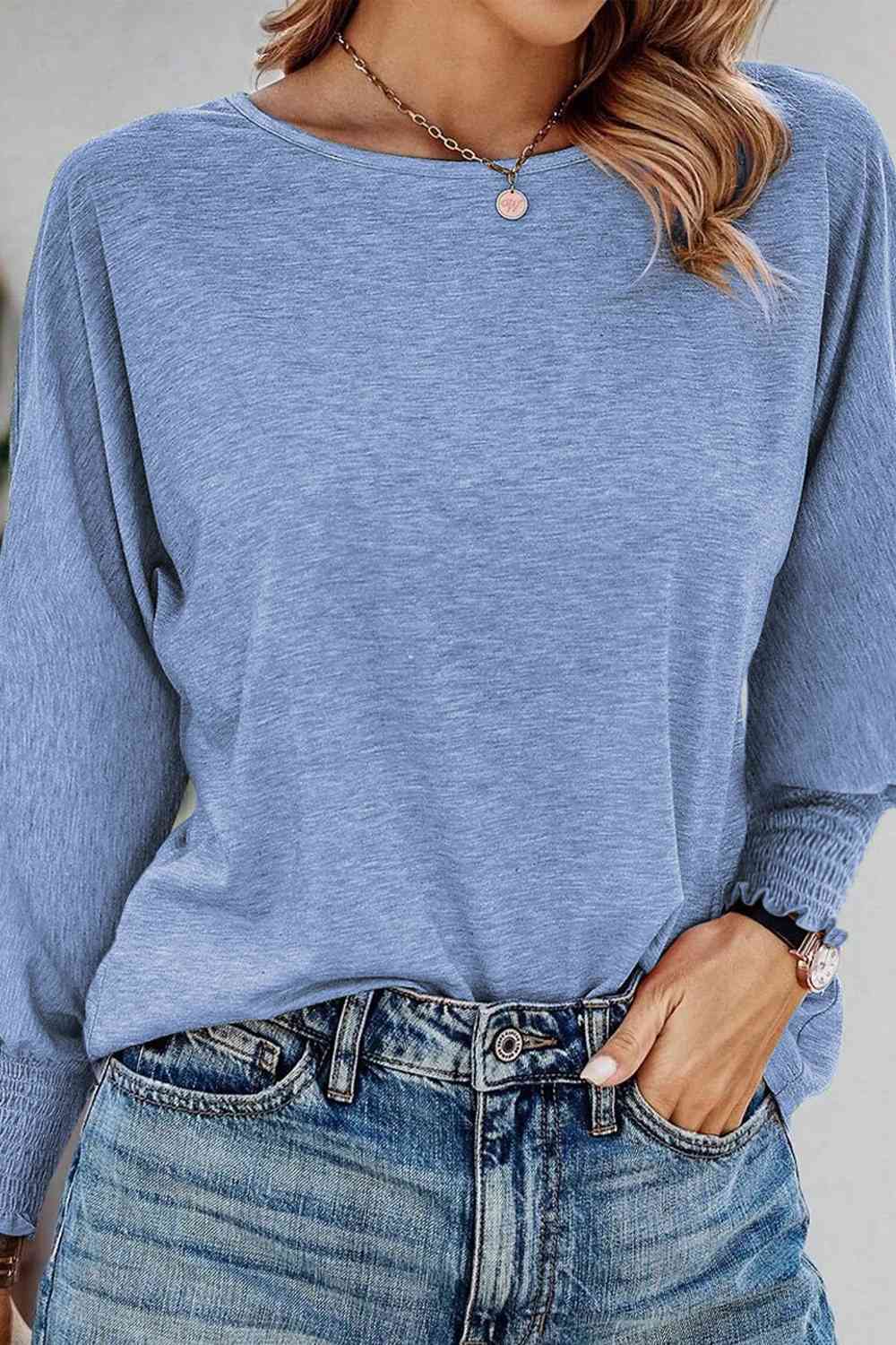 Round Neck Smocked Long Sleeve Blouse - Blue / S - Women’s Clothing & Accessories - Shirts & Tops - 25 - 2024