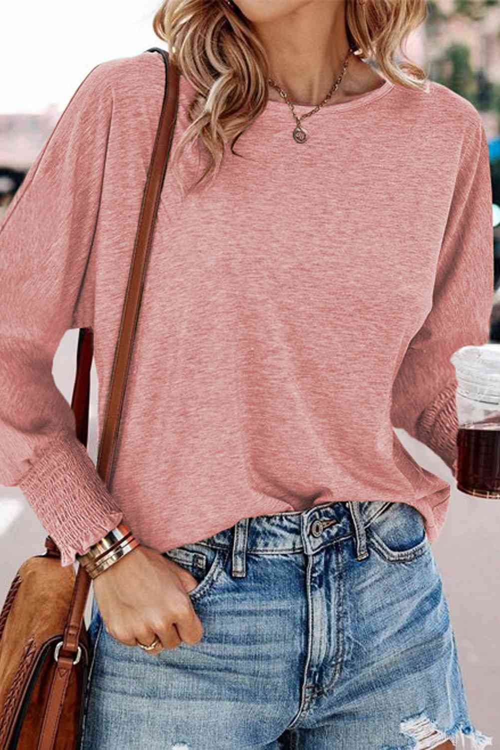 Round Neck Smocked Long Sleeve Blouse - Women’s Clothing & Accessories - Shirts & Tops - 14 - 2024