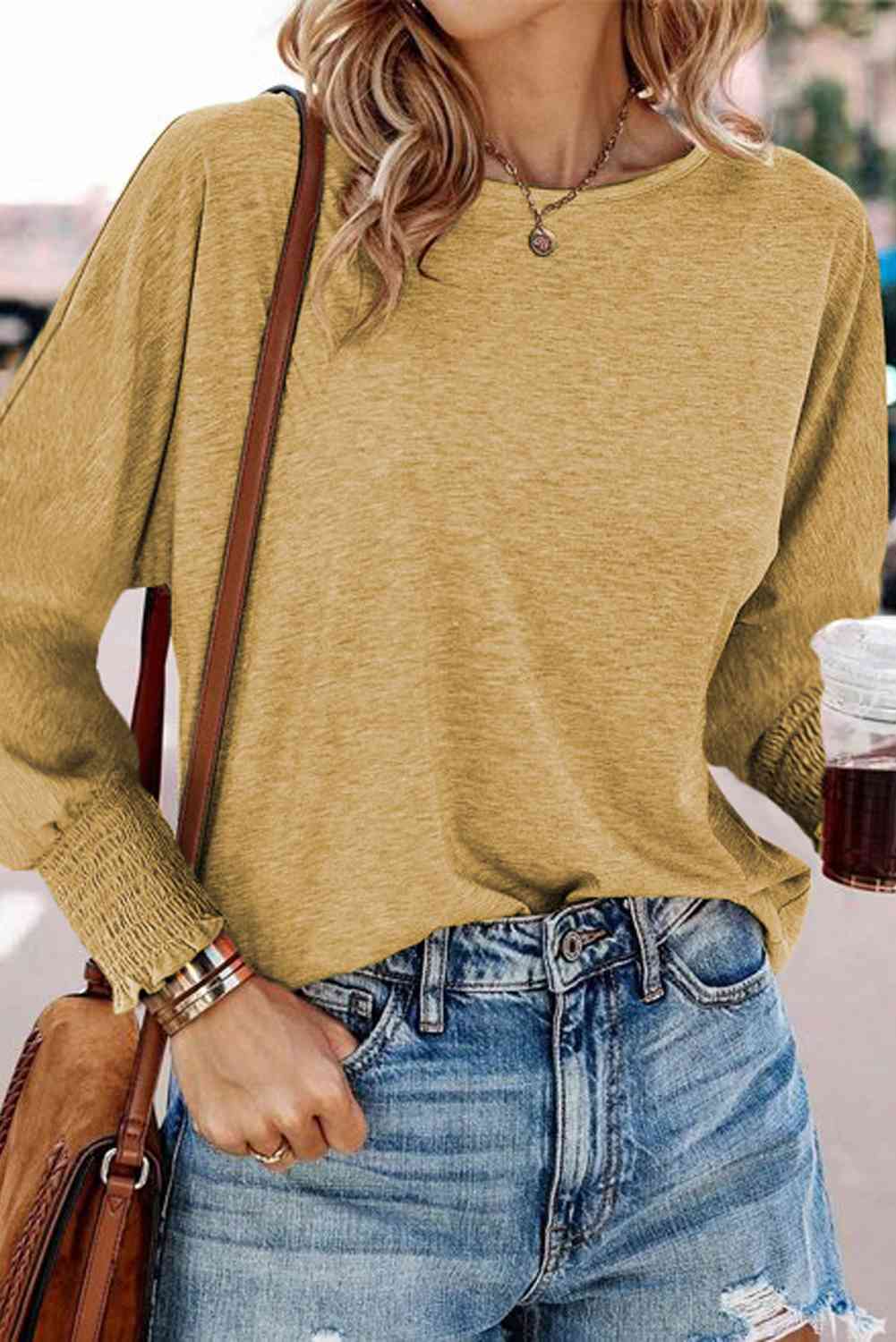 Round Neck Smocked Long Sleeve Blouse - Women’s Clothing & Accessories - Shirts & Tops - 17 - 2024