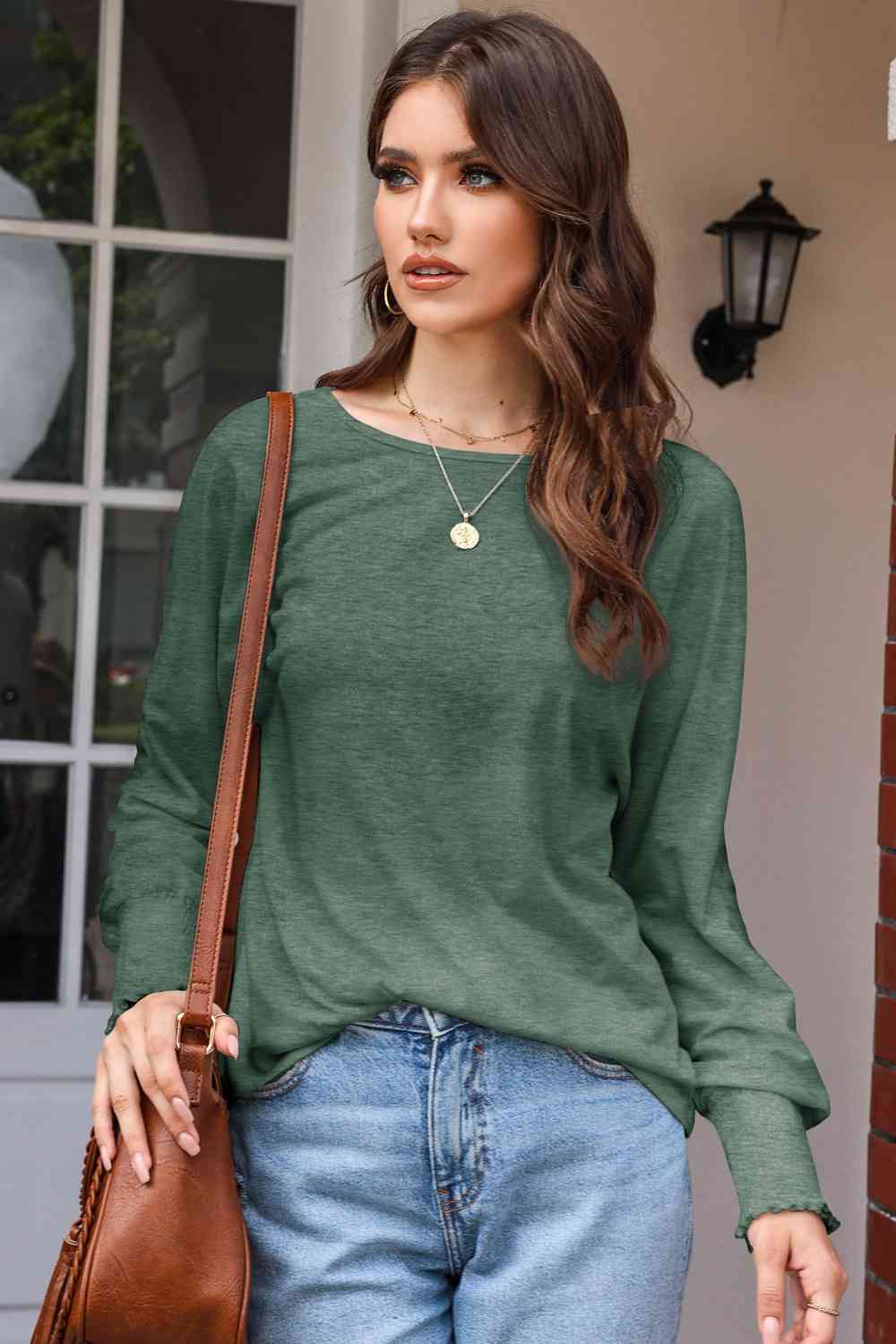 Round Neck Smocked Long Sleeve Blouse - Green / S - Women’s Clothing & Accessories - Shirts & Tops - 10 - 2024