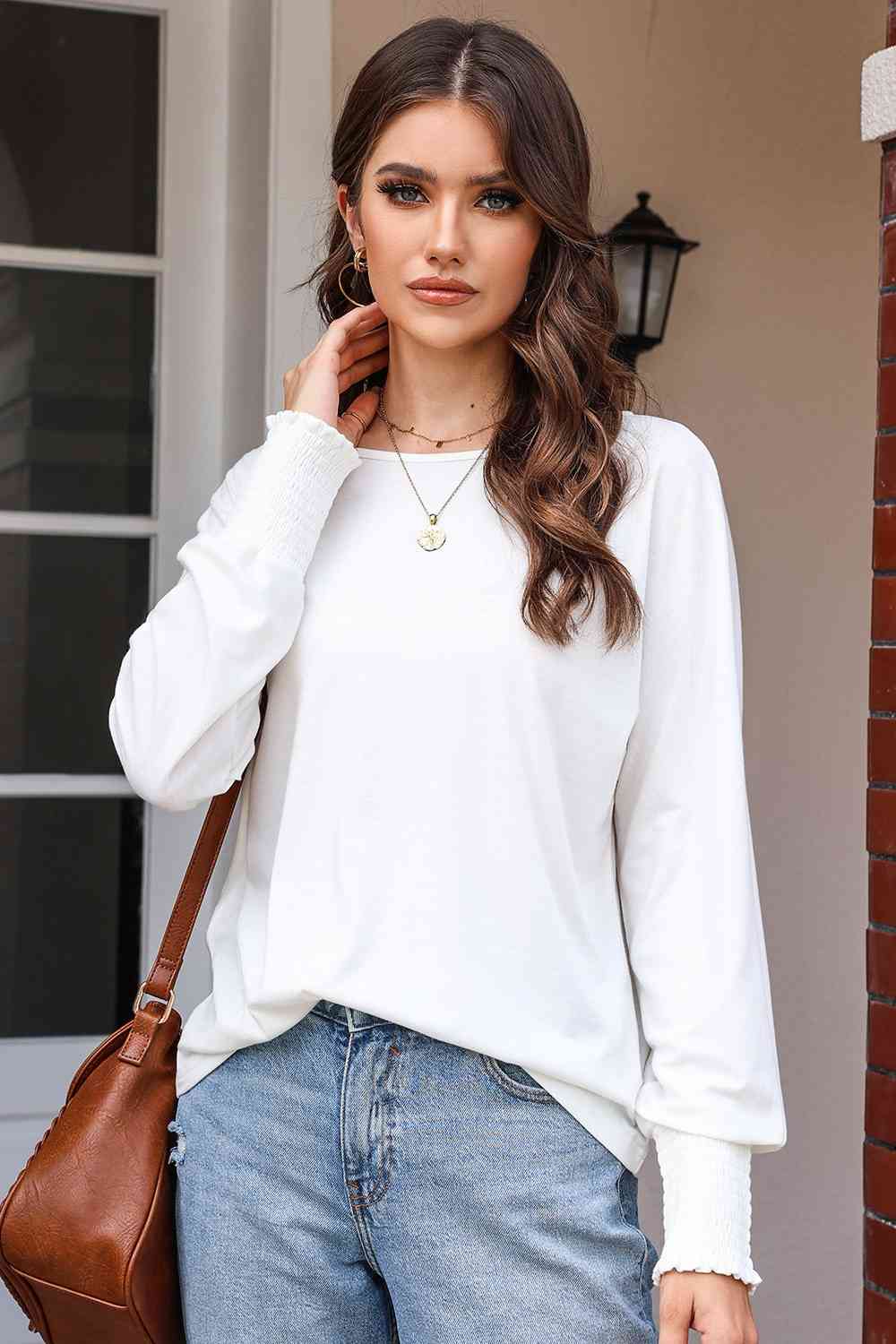 Round Neck Smocked Long Sleeve Blouse - White / S - Women’s Clothing & Accessories - Shirts & Tops - 4 - 2024
