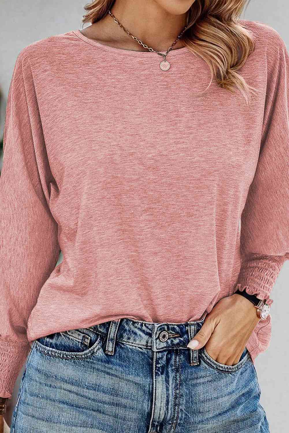 Round Neck Smocked Long Sleeve Blouse - Pink / S - Women’s Clothing & Accessories - Shirts & Tops - 13 - 2024