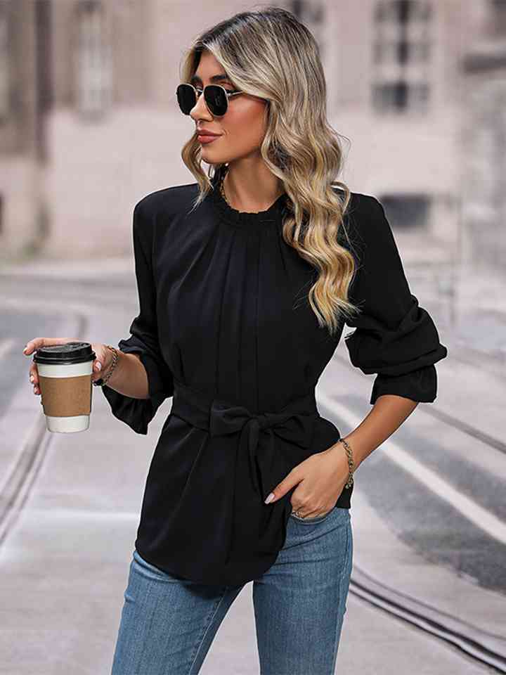 Round Neck Tie Waist Long Sleeve Blouse - Women’s Clothing & Accessories - Shirts & Tops - 4 - 2024