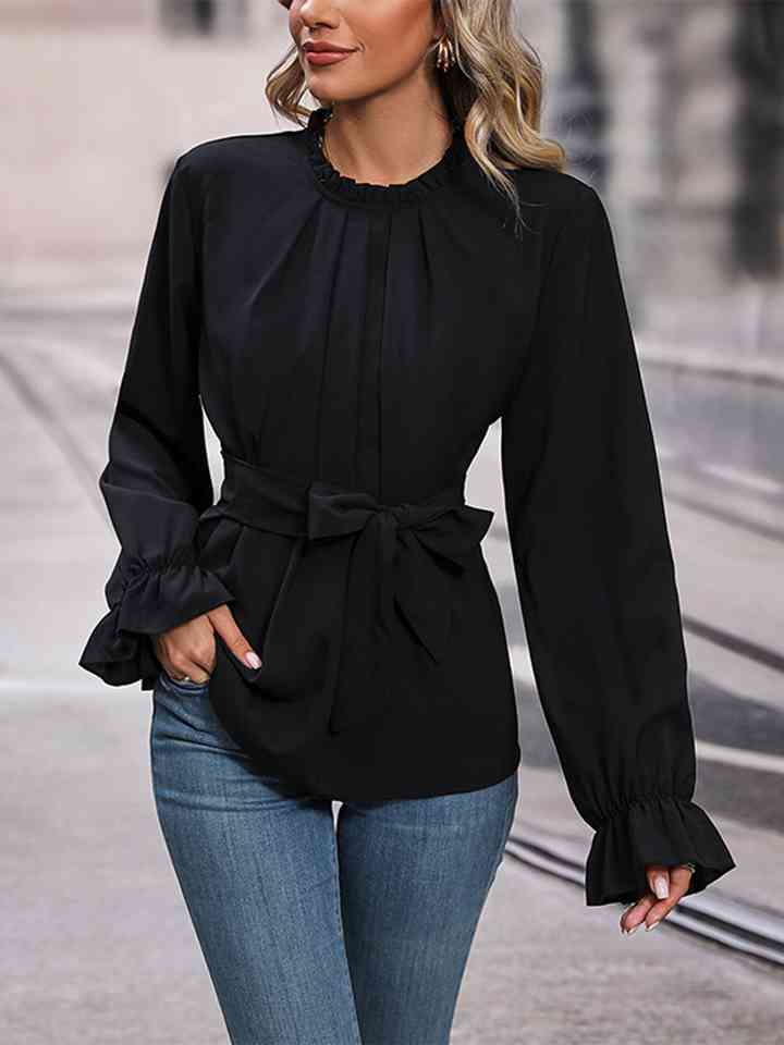 Round Neck Tie Waist Long Sleeve Blouse - Women’s Clothing & Accessories - Shirts & Tops - 3 - 2024