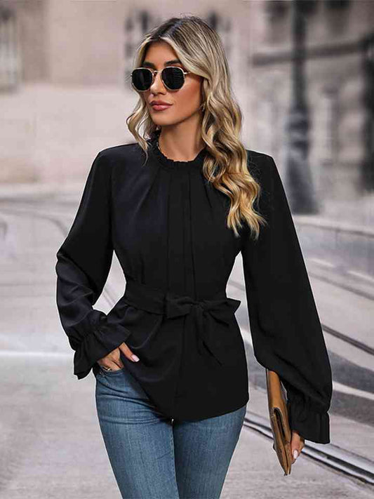 Round Neck Tie Waist Long Sleeve Blouse - Black / S - Women’s Clothing & Accessories - Shirts & Tops - 1 - 2024