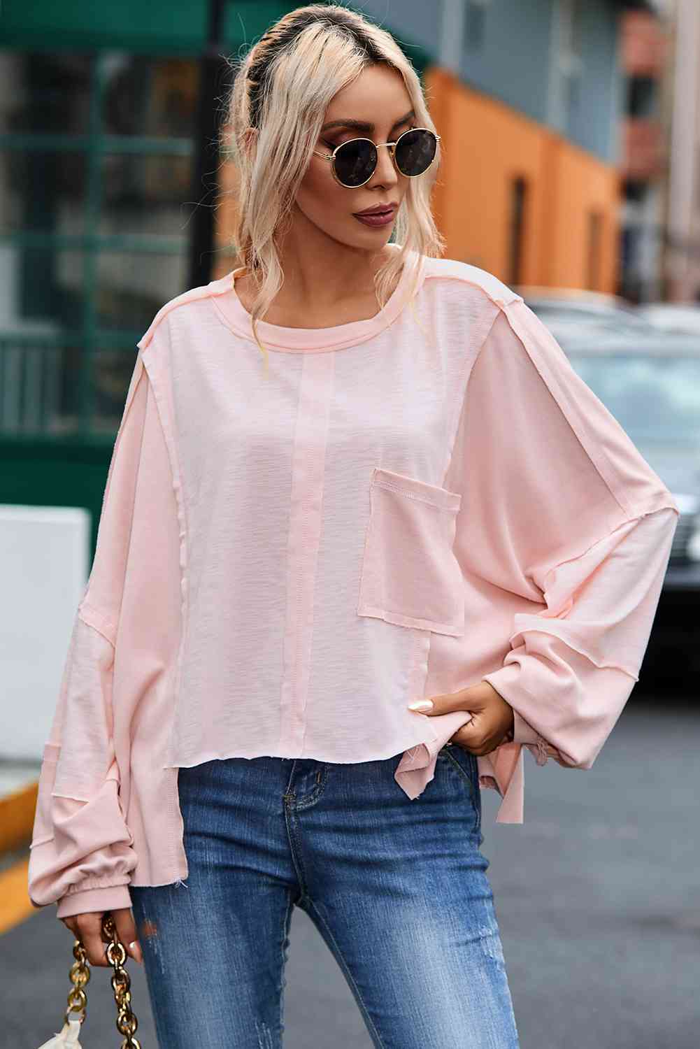 Round Neck Top with Pocket - Blush Pink / S - Women’s Clothing & Accessories - Shirts & Tops - 3 - 2024