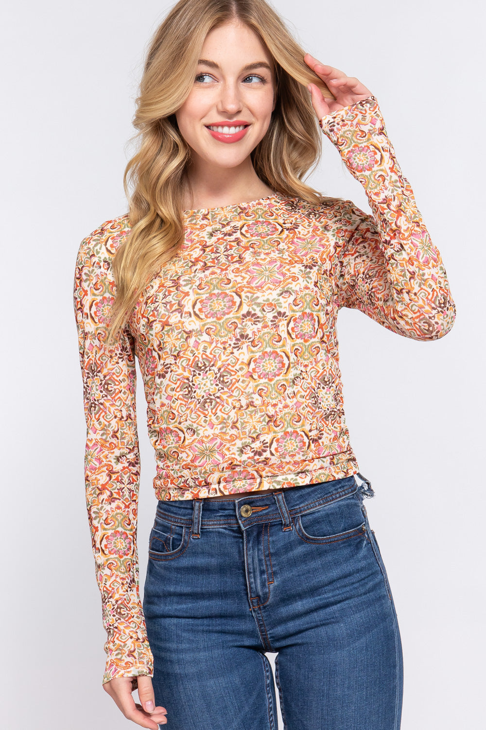 Ruched Printed Long Sleeve Top - Women’s Clothing & Accessories - Shirts & Tops - 4 - 2024