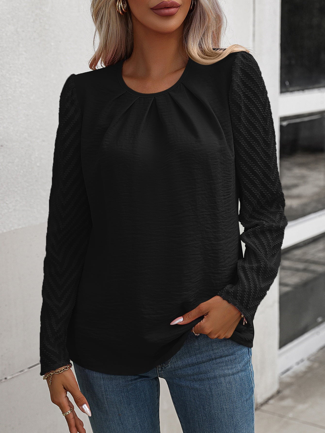 Ruched Round Neck Puff Sleeve Blouse - Black / S - Women’s Clothing & Accessories - Shirts & Tops - 13 - 2024