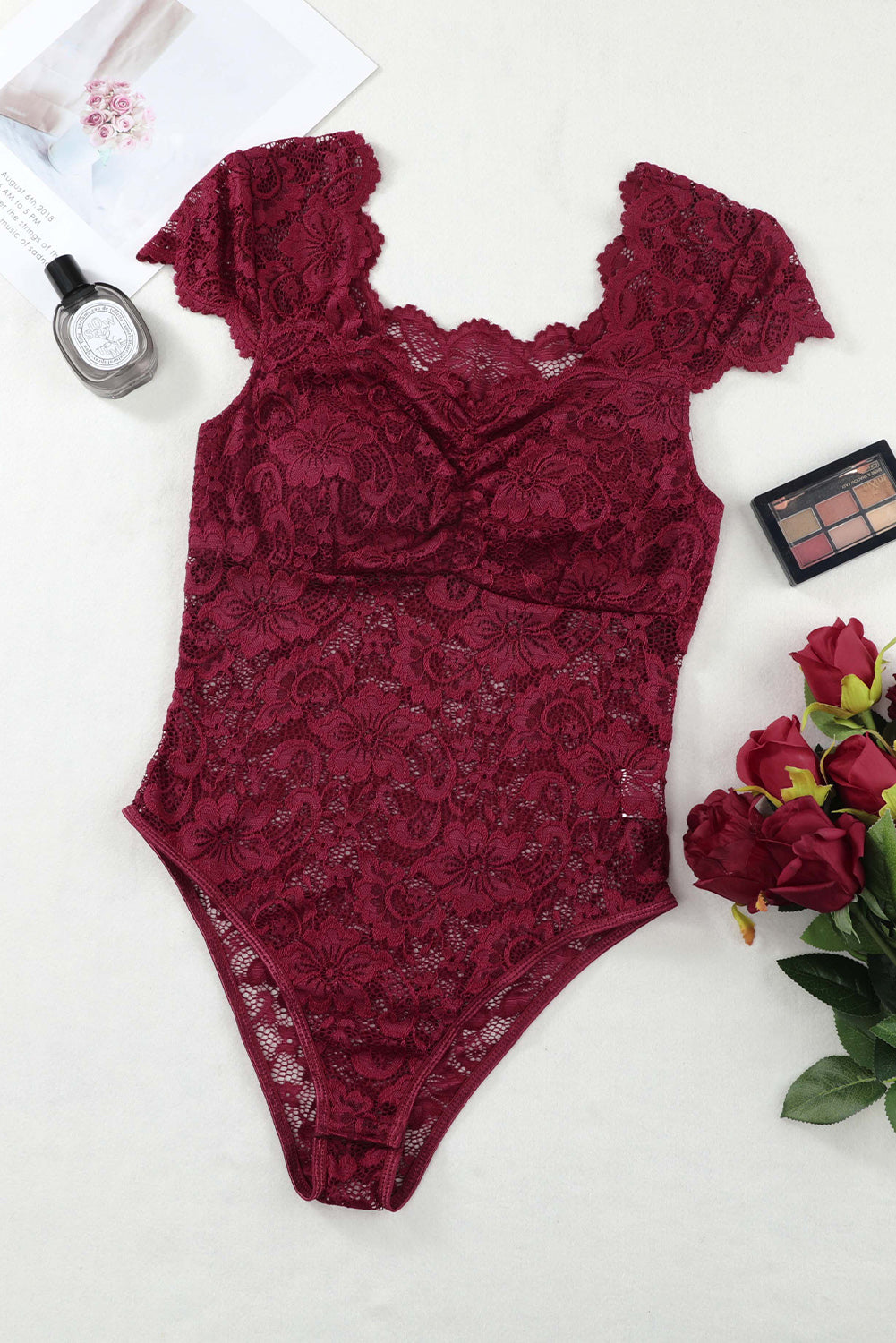 Ruched Sweetheart Neck Lace Bodysuit - Dark Red / S - Women’s Clothing & Accessories - Shirts & Tops - 18 - 2024