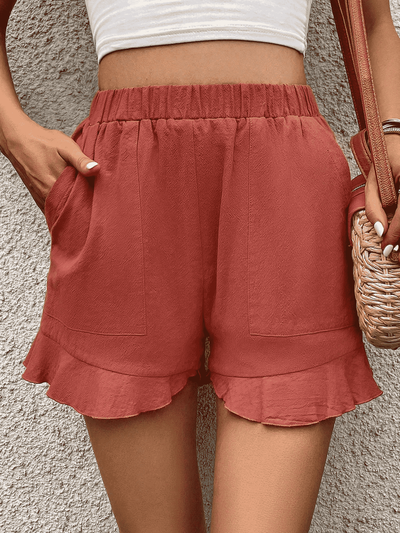Ruffle Trim Shorts with Pocket - Red / S - Women’s Clothing & Accessories - Shorts - 1 - 2024