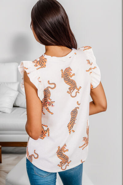 Ruffled Tiger Print Cap Sleeve Blouse - Women’s Clothing & Accessories - Shirts & Tops - 2 - 2024