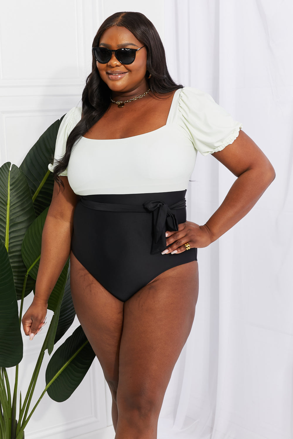 Salty Air Puff Sleeve One-Piece in Cream/Black - Women’s Clothing & Accessories - Swimwear - 7 - 2024