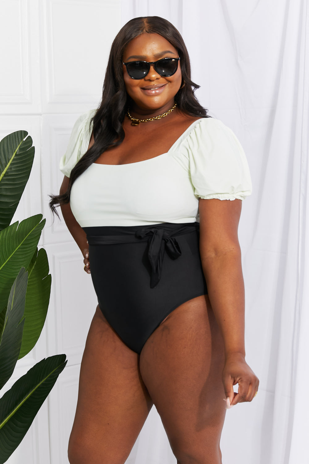 Salty Air Puff Sleeve One-Piece in Cream/Black - Women’s Clothing & Accessories - Swimwear - 9 - 2024