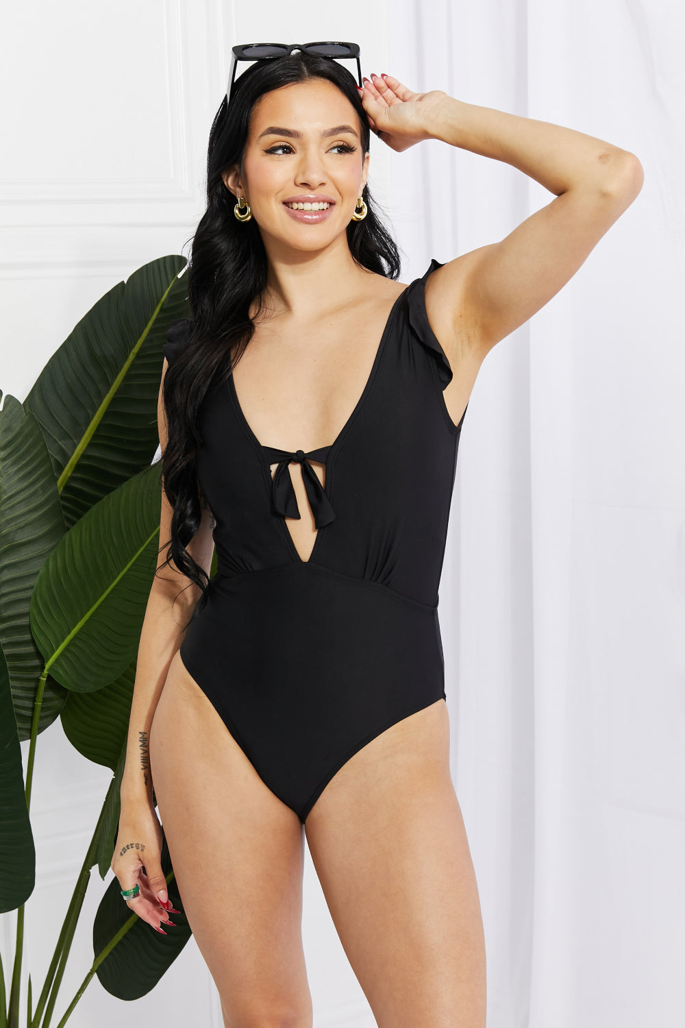 Seashell Ruffle Sleeve One-Piece in Black - Black / S - Women’s Clothing & Accessories - Swimwear - 1 - 2024