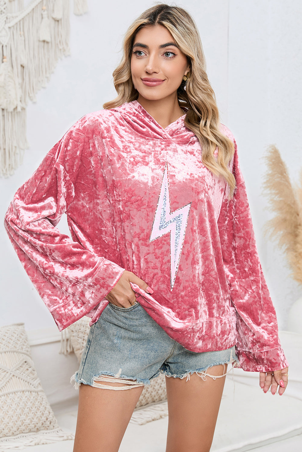 Sequin Flash Pattern Long Sleeve Dropped Shoulder Oversized Hoodie - Women’s Clothing & Accessories - Shirts & Tops