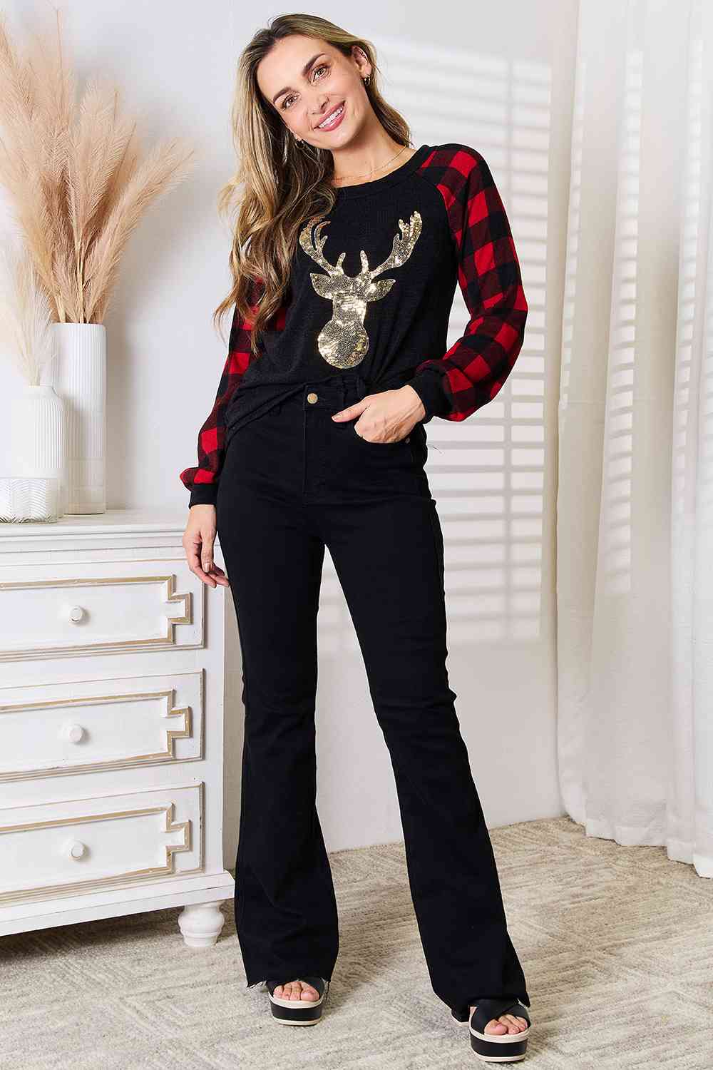 Sequin Reindeer Graphic Plaid Top - Women’s Clothing & Accessories - Shirts & Tops - 4 - 2024