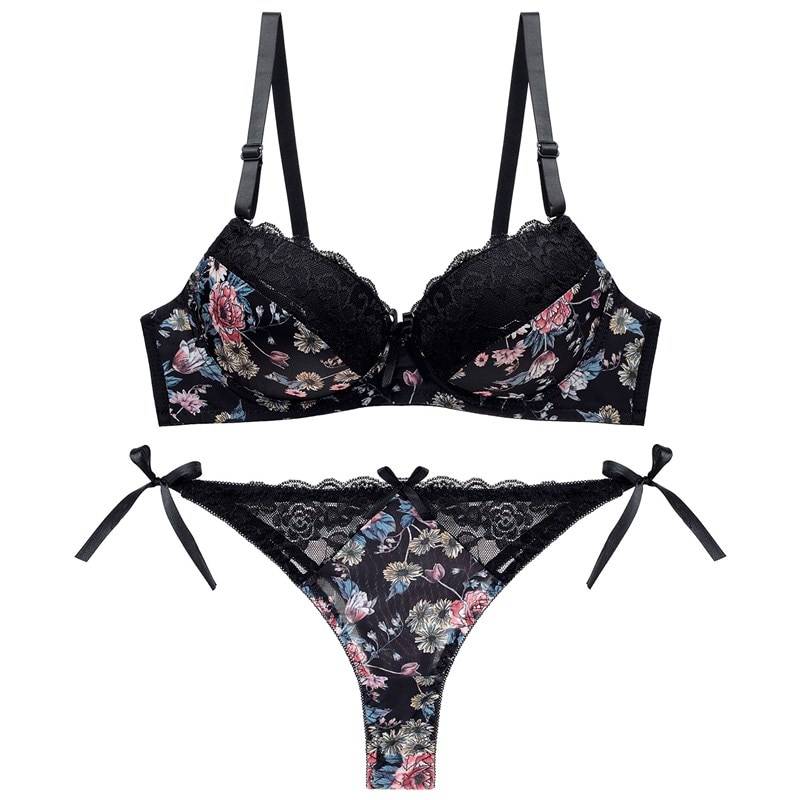 Sexy Floral Bra - Thong Set - Lace Black Set / 90B - Women’s Clothing & Accessories - Lingerie - 18 - 2024