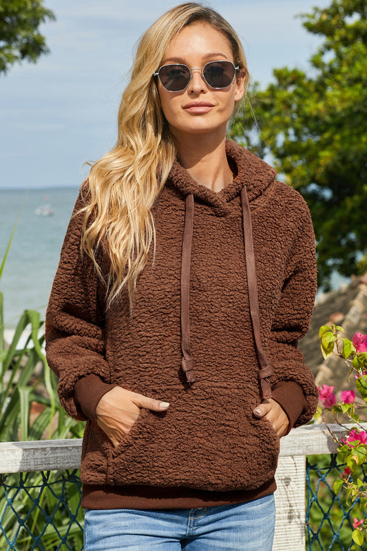 Sherpa Hoodie with Pocket - Brown / S - Women’s Clothing & Accessories - Shirts & Tops - 1 - 2024