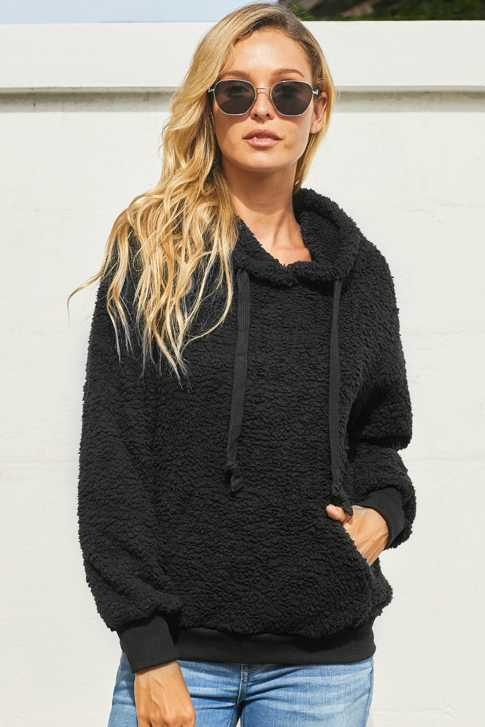 Sherpa Hoodie with Pocket - Black / S - Women’s Clothing & Accessories - Shirts & Tops - 4 - 2024